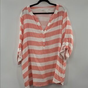 Kaktus Coral and White Striped Button Henley Tunic size XXL